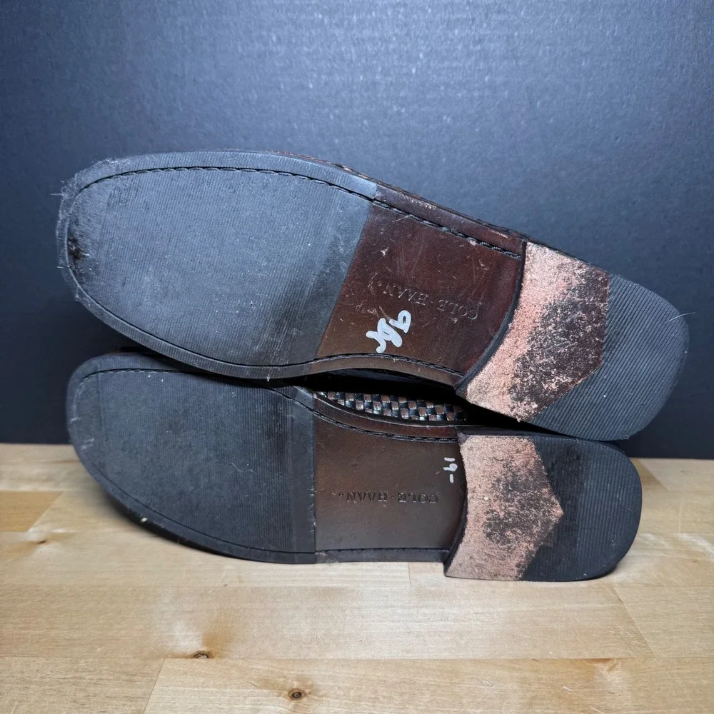 Cole Haan Country Mens 8.5 A Woven Leather Penny Loafers Brown Black F 9439